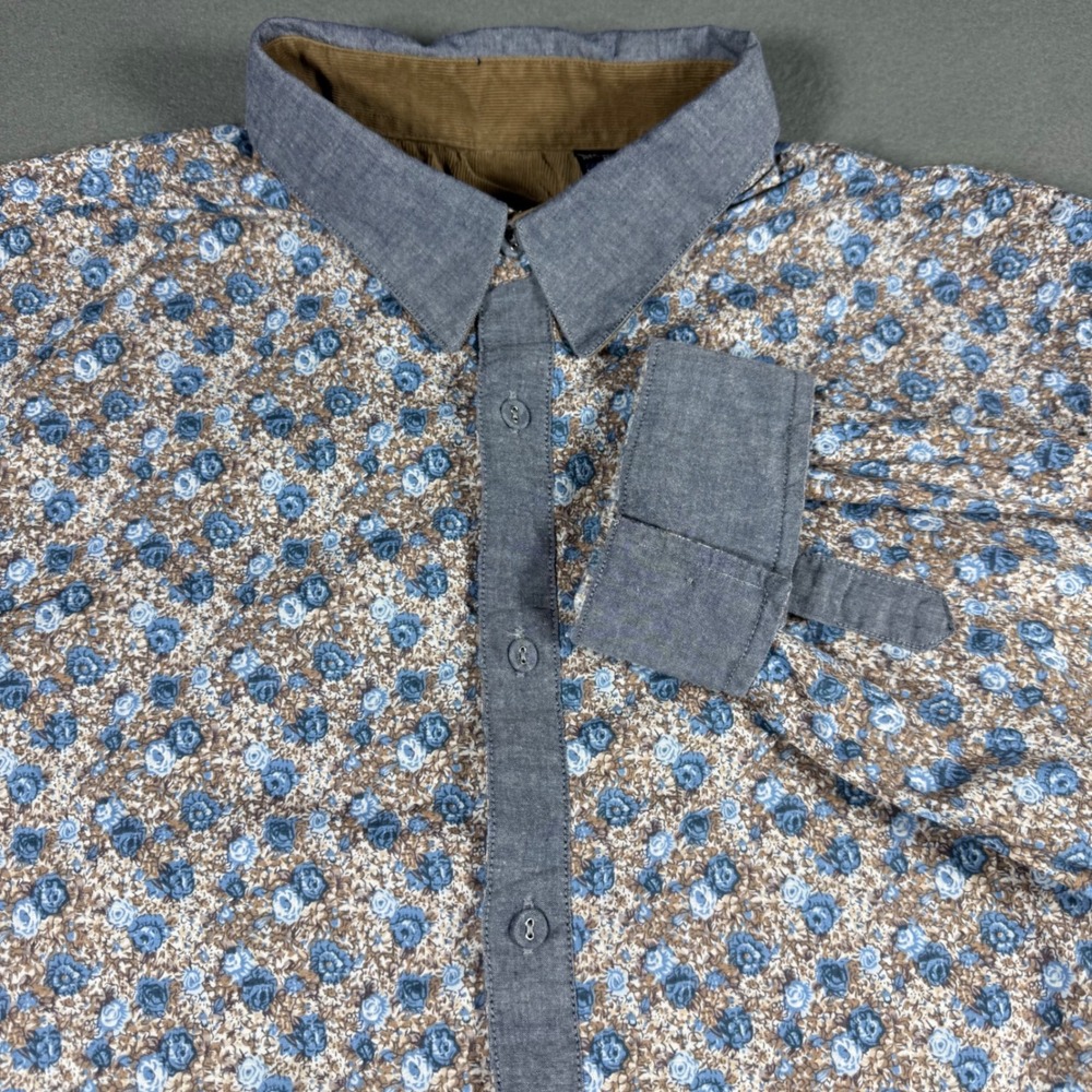 English Laundry Mens Button Down Shirt XL Blue Brown Floral Rose Long Slv Cotton